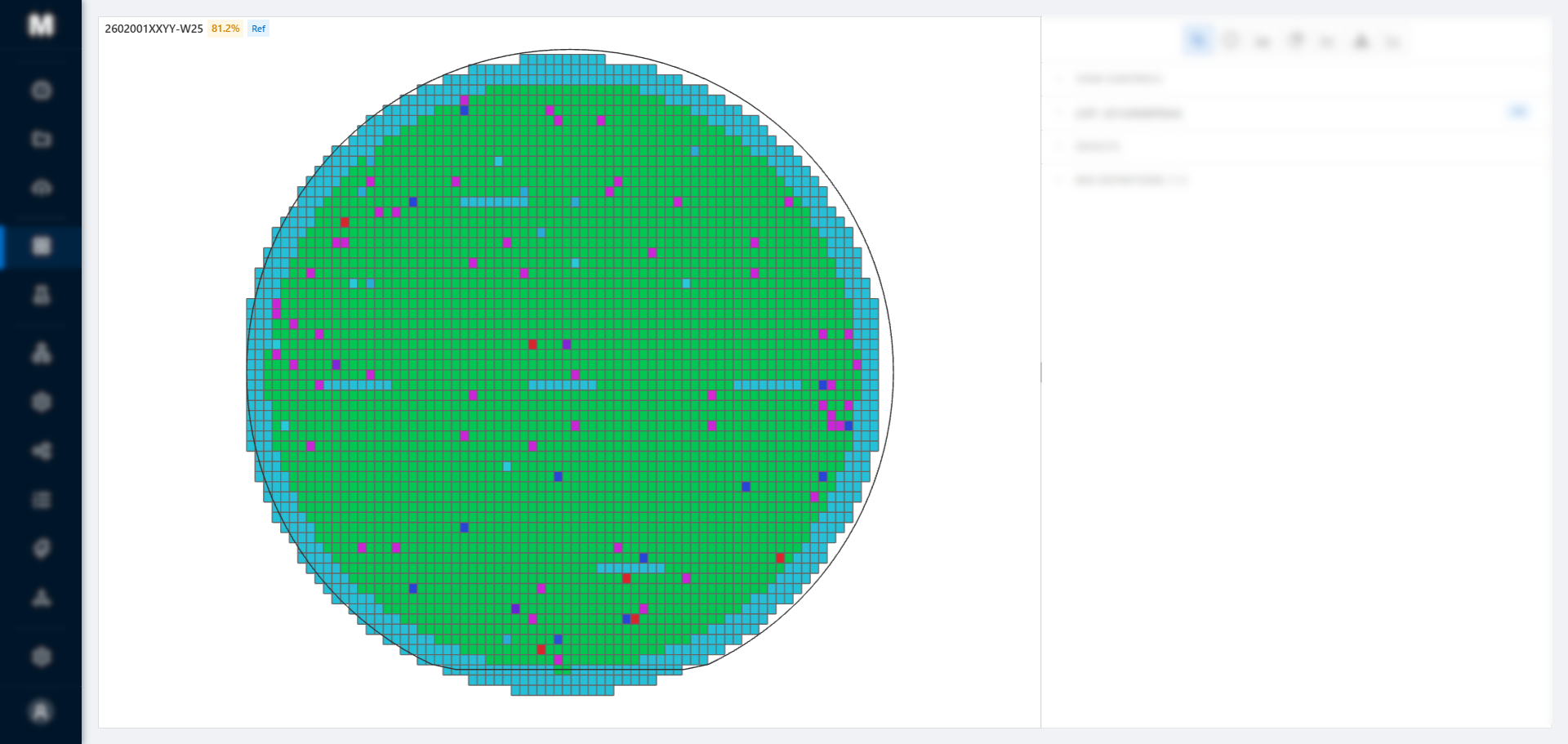 MAPx wafer map viewer showing die-level bin codes with color-coded yield visualization