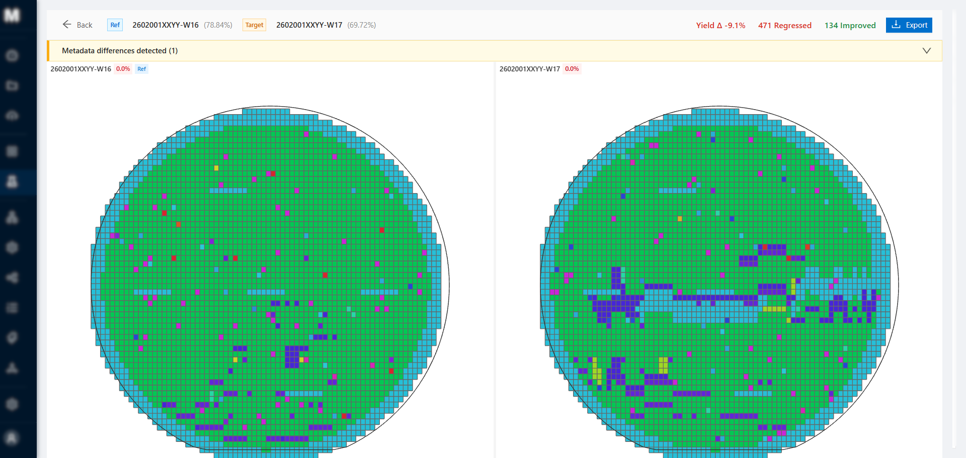 MAPx side-by-side wafer map comparison for pairwise yield analysis