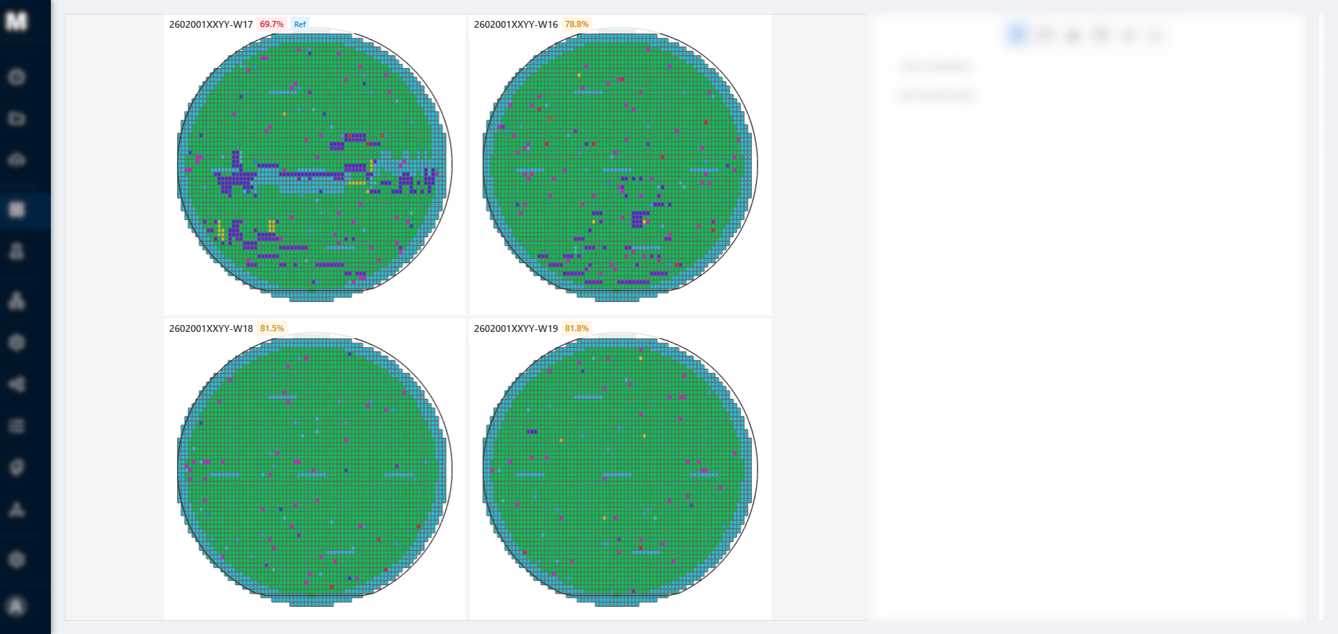 MAPx multi-viewport wafer map display showing four wafers simultaneously